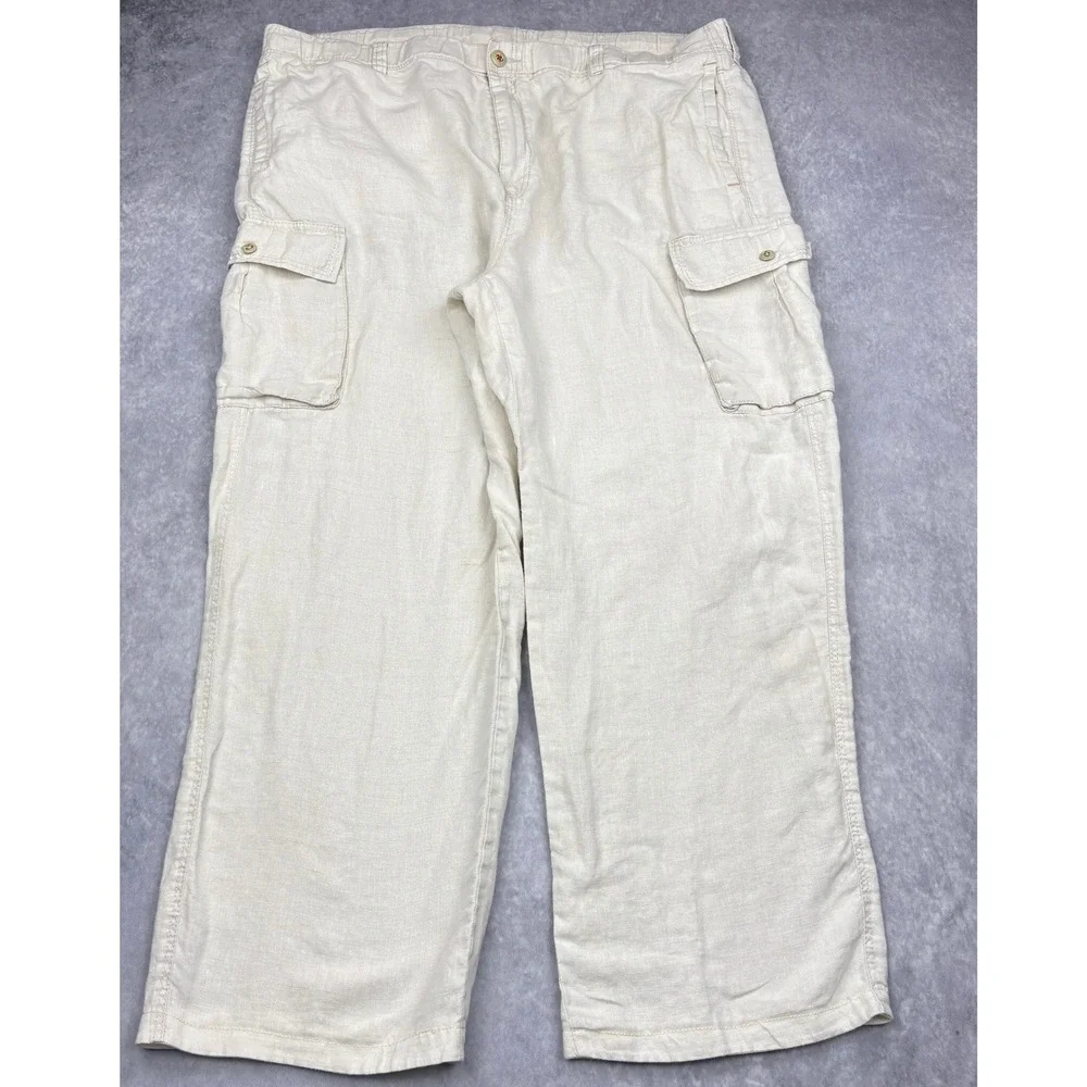 Tommy Bahama Relax Linen Cargo Pants Mens XL Oatmeal Beige Beach Trousers Casual